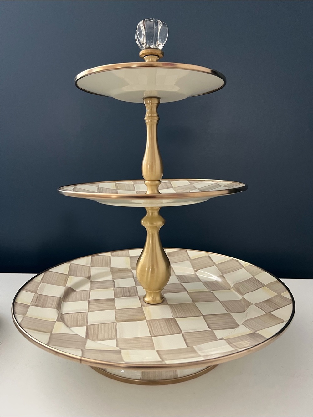 MacKenzie-Childs Cream and Gold Three-Tier Server and Squashed Pot